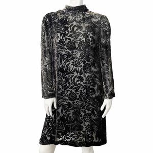 YOLANDA LORENTE Silver Silk Floral Velvet Sheer Burnout Mock Neck Mini Dress